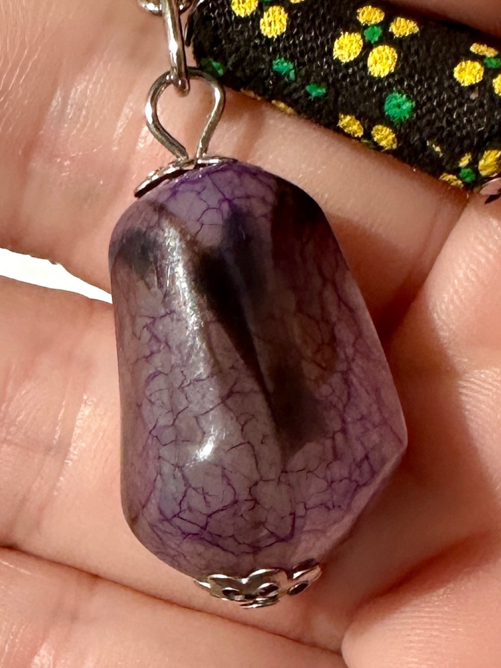Handmade Purple Cracked Agate & Floral Fabric Beads with Stone Accents Keychain - Picture 3 of 3